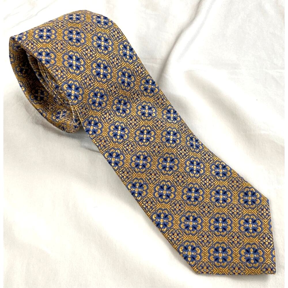 Jos. A Bank 100% Silk Gold & Blue Jacquard Medallion Print Slim Tie Formal Gift